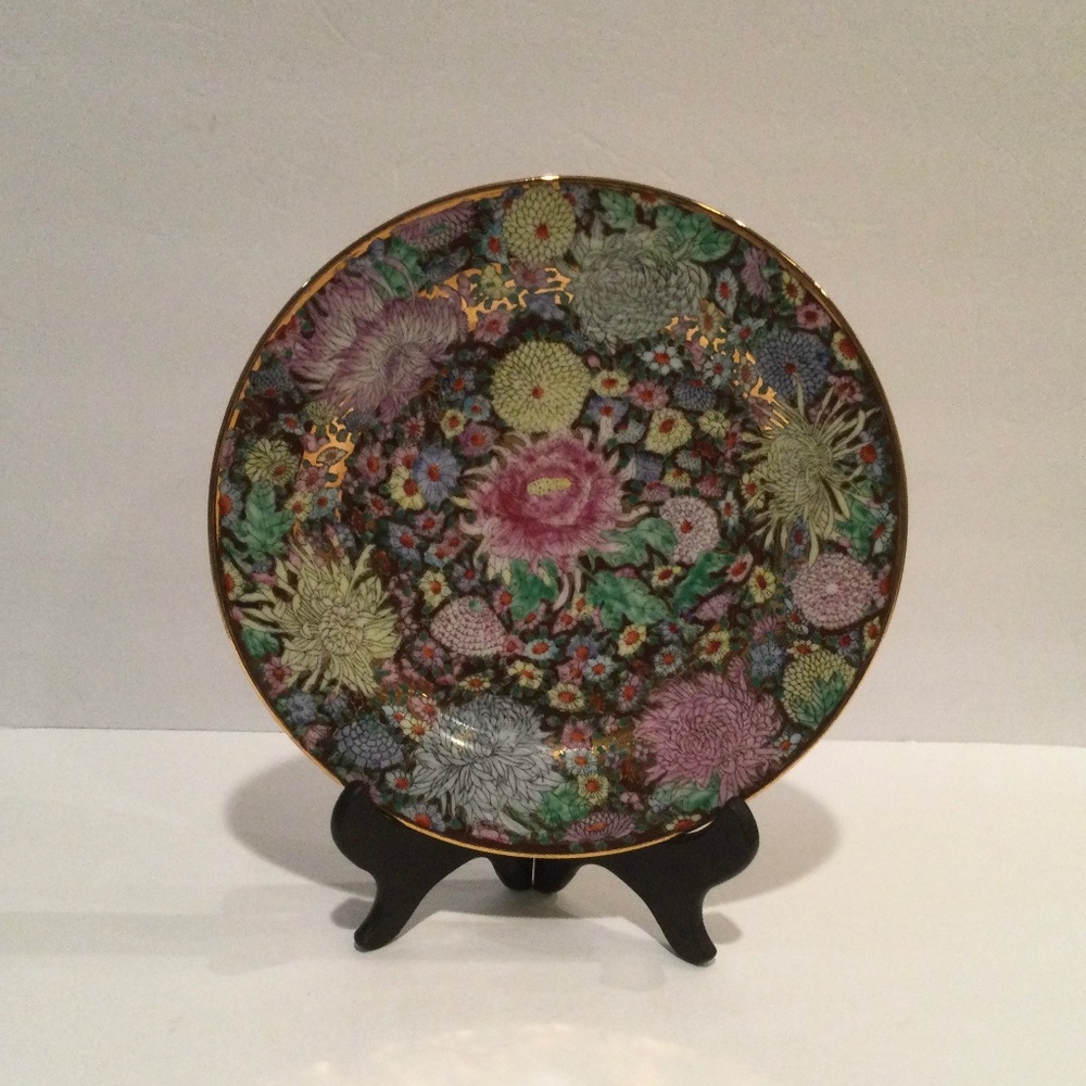 Chinese Gold Trim Mille Fleur Hand Painted Porcelain Plate
